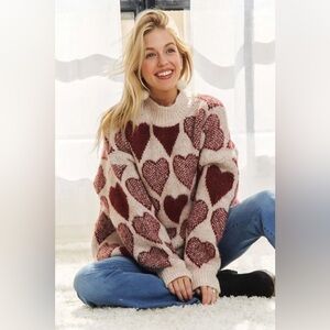 ADORA | Heart Patterned Oversized Sweater - Burgundy and Cream | Worn Once
